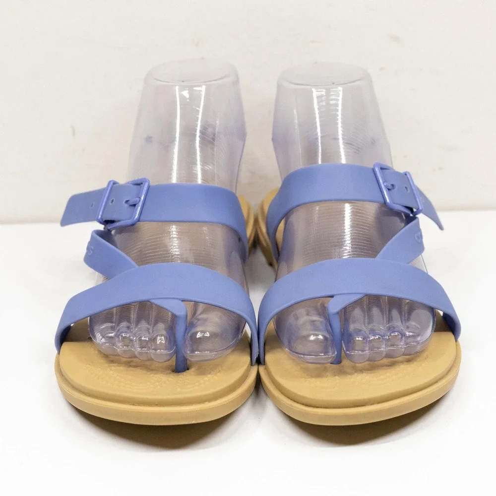 CROCS Tulum Toe Post Strappy Buckle Comfort Sandal Periwinkle Blue Tan Sz 7